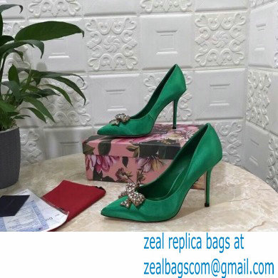 Dolce  &  Gabbana Heel 10.5cm Satin Pumps Green with Crystal Bow 2021